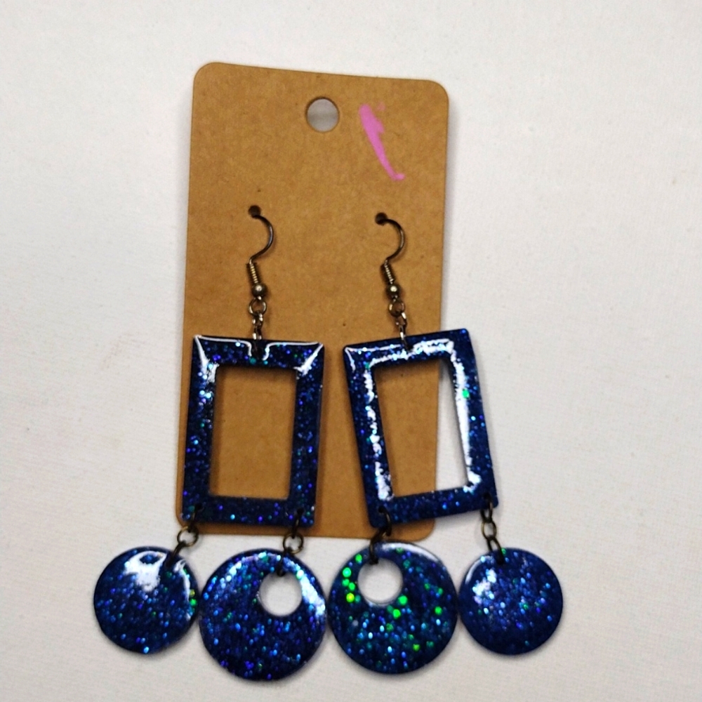 Blue Sparkle double dangle Long rectangle & Circles silver hook earrings   
